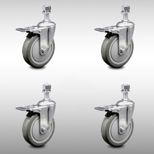 Service Caster 5 Inch SS Gray Polyurethane 1/2 Inch Threaded Stem Caster Set Total Lock Brake SCC-SSTSTTL20S514-PPUB-121315-4 - main